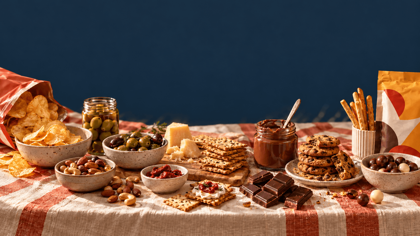Table garnie de chips, olives, fruits secs, fromage, crackers, pâte à tartiner, chocolat et cookies.